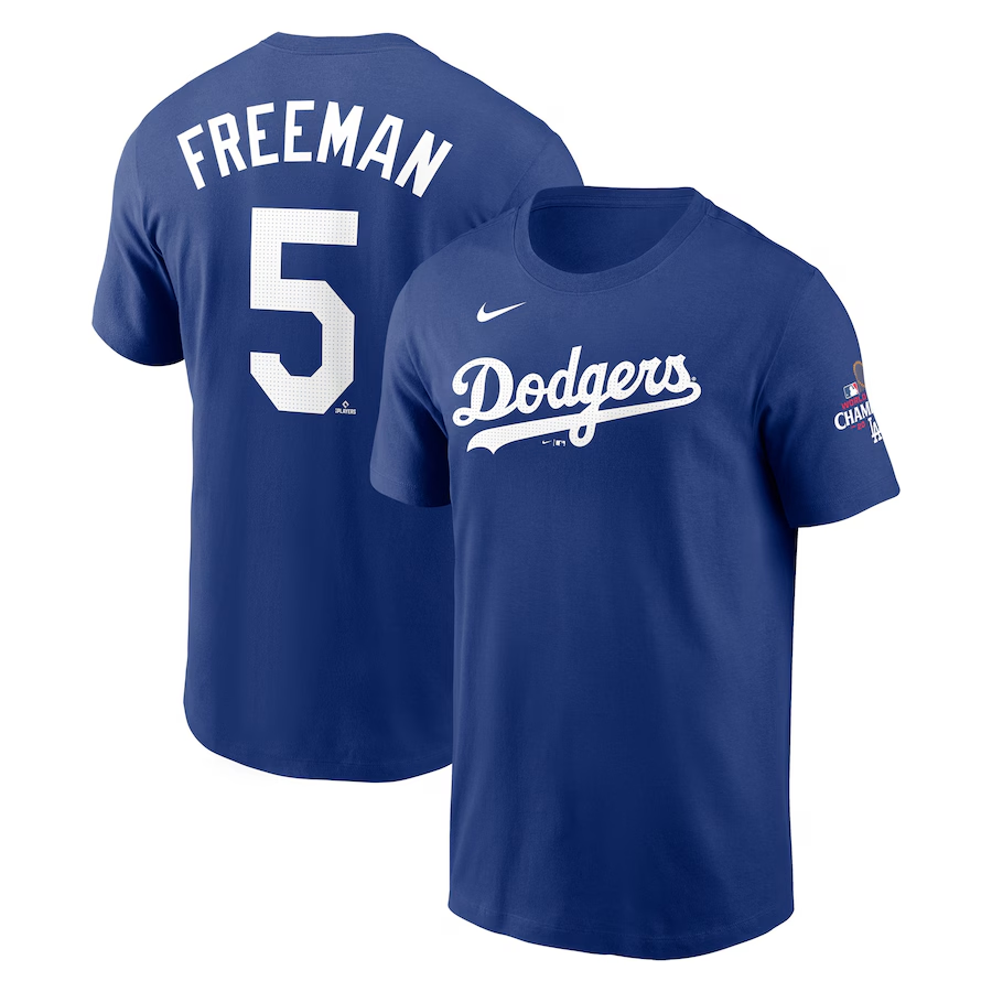 Men Los Angeles Dodgers 5 Freeman 2024 MLB World Series Champions white T shirts